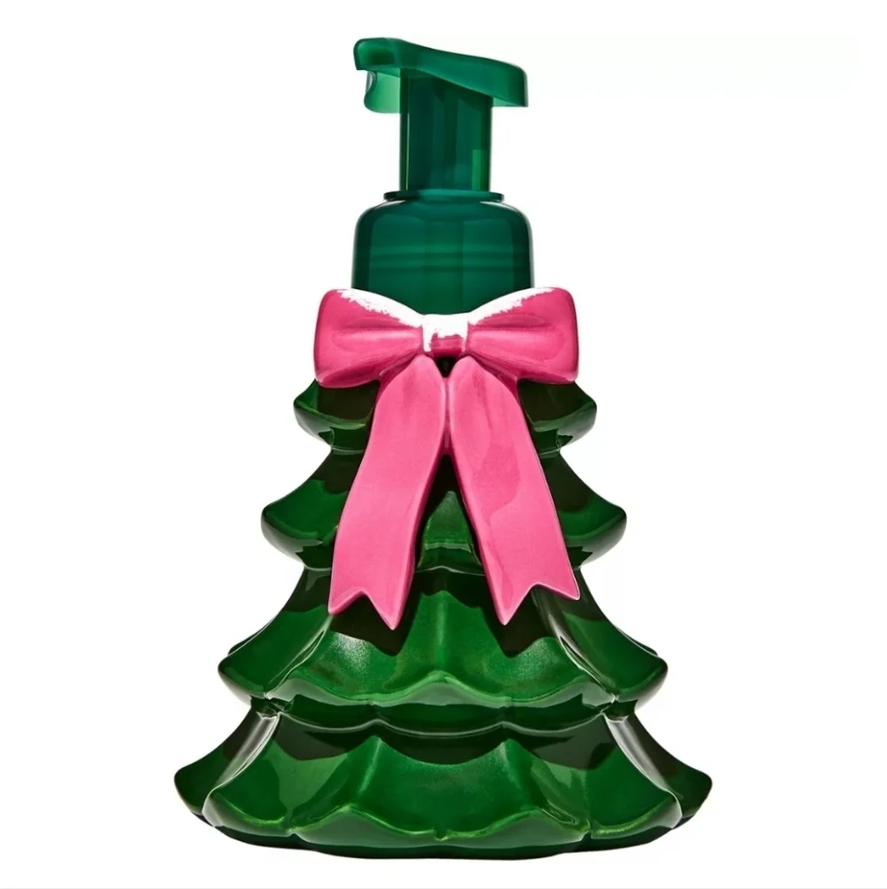 Bath & Body Works Glass Christmas Tree Soap Dispenser with Pink Bow